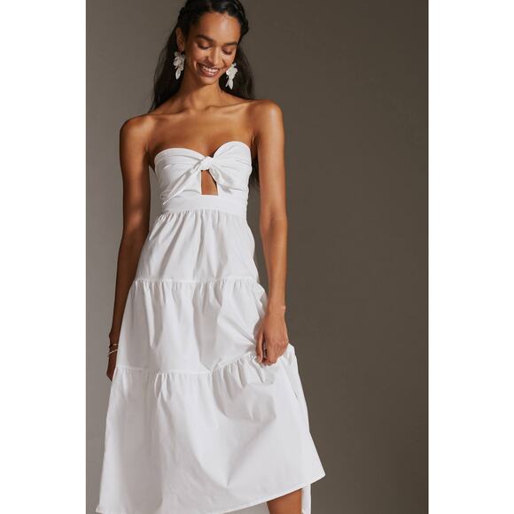 New Anthropologie Strapless Tie-Front Midi Dress $160 MEDIUM White Cutout Tiered - Picture 2 of 7